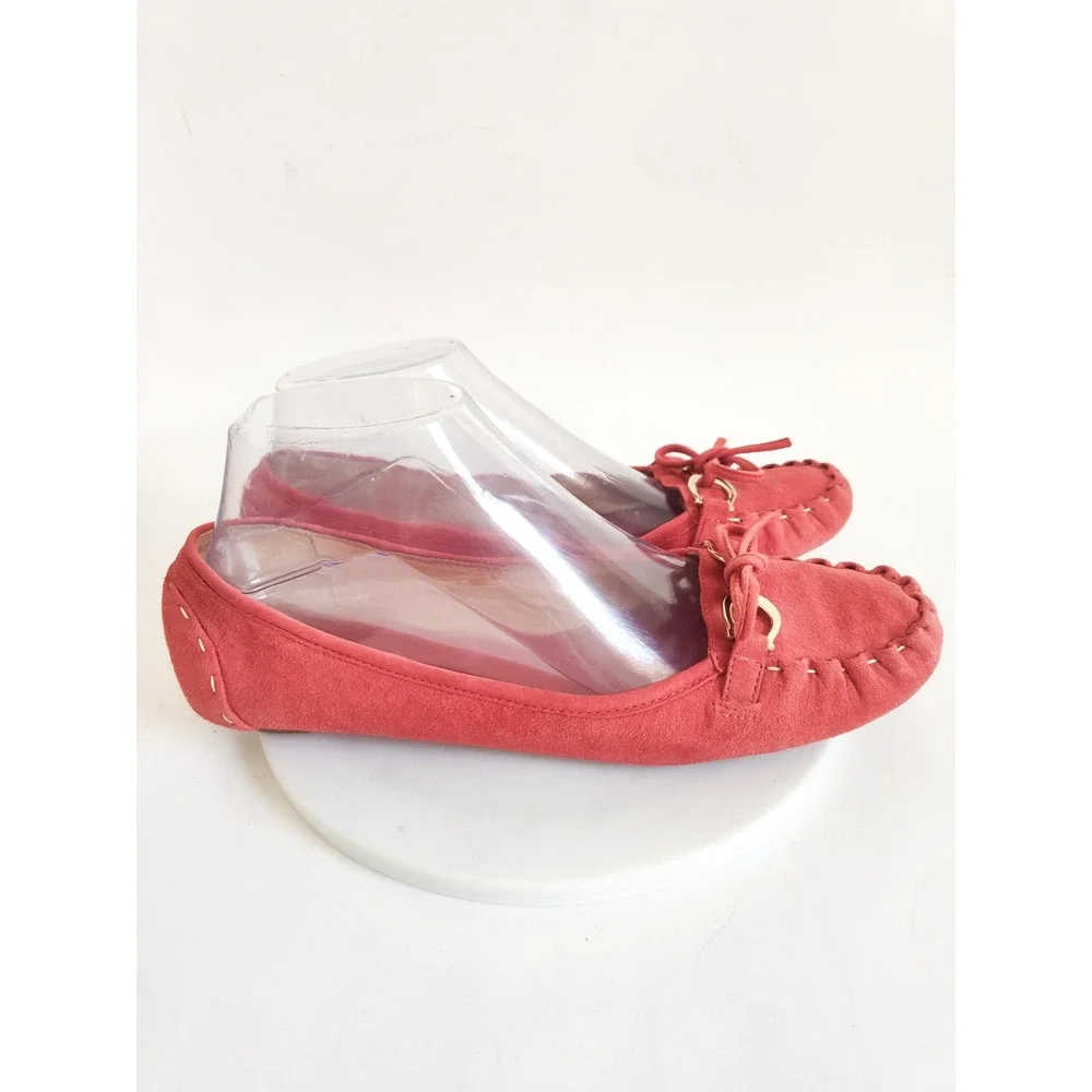 Kate Spade Flats Loafers 8 Moccasin Red Suede Bow Gold Horsebit Driving Shoes